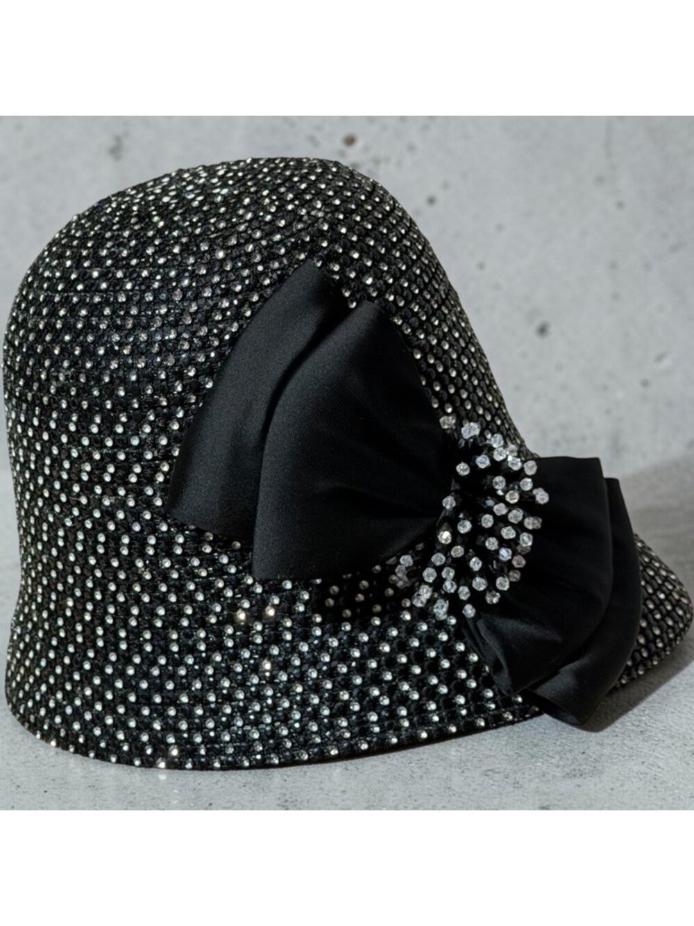 Whittall & Shon Black Rhinestone Bow Hat Womens One Size Formal Church NEW